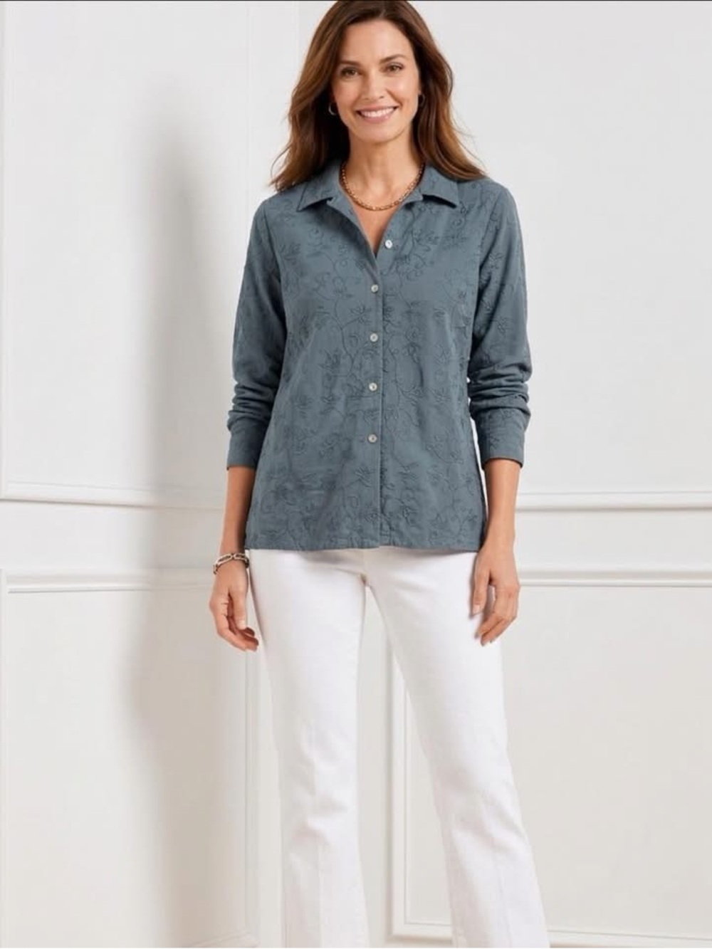 Vintage Talbots M Slate Blue floral  Embroidered linen blend Button-Down Shirt